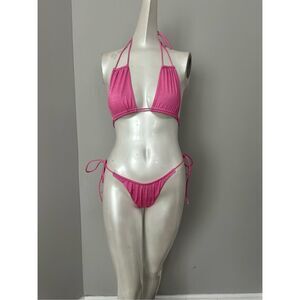 NWT Monica Hansen Beachwear Lurex Halter Bikini Top & Bottom 2Pc Set Pink Small